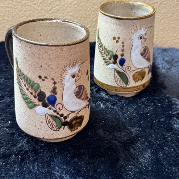 Mexican Tanola Pottery Cockatoo Mugs Beige & Brown Speckled Set Of 2 - Picture 1 of 8